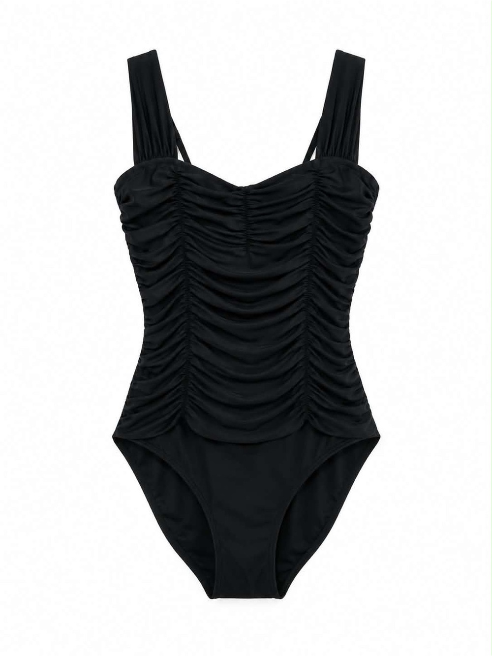 Black Ruched One-Piece Sweetheart Neckline Swimsuit Wide Straps Underwire – LG